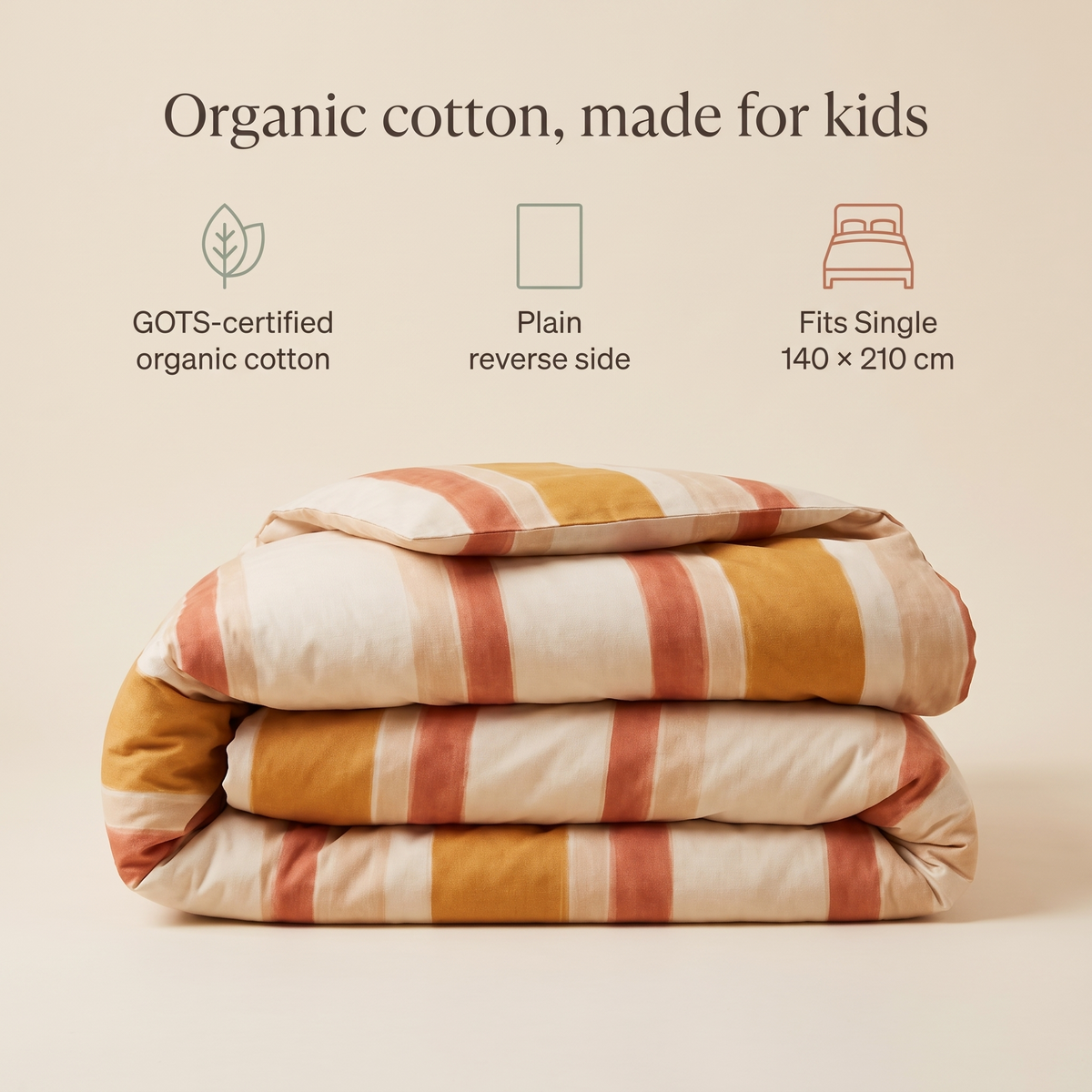 Striped Cotton Kids Quilt Cover with Plain Reverse, Single – Sun-Soaked Stripe, 140 x 210 cm