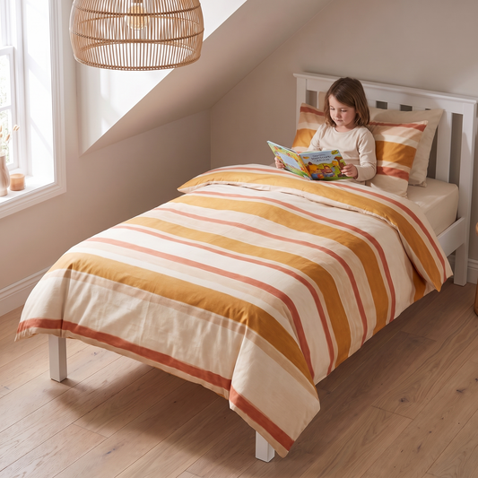Striped Cotton Kids Quilt Cover with Plain Reverse, Single – Sun-Soaked Stripe, 140 x 210 cm