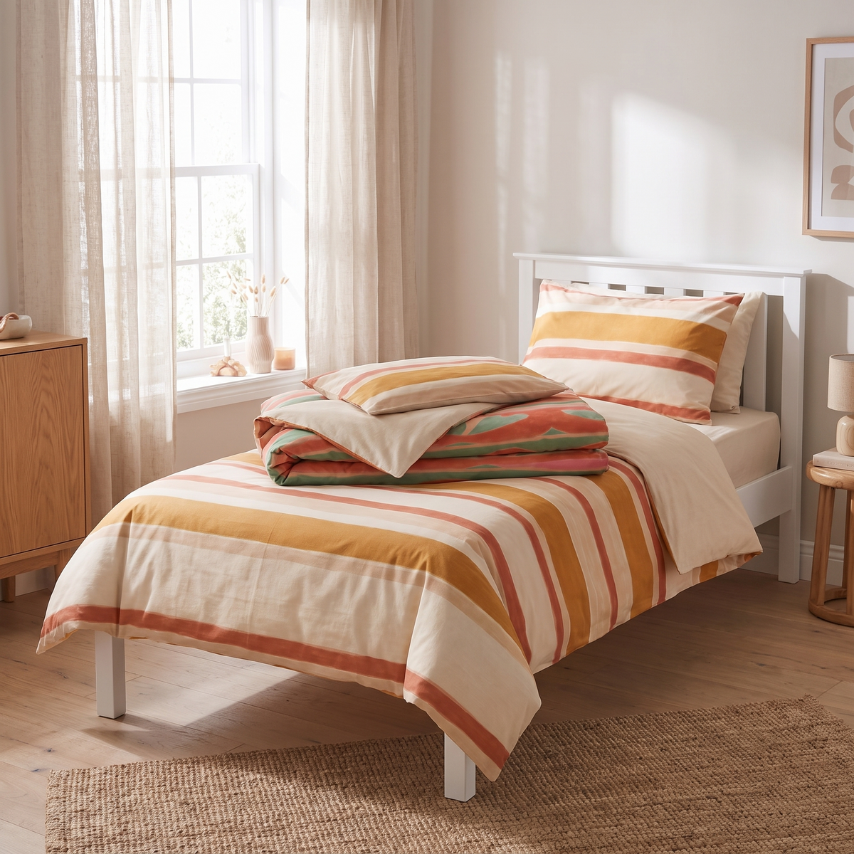 Striped Cotton Kids Quilt Cover with Plain Reverse, Single – Sun-Soaked Stripe, 140 x 210 cm