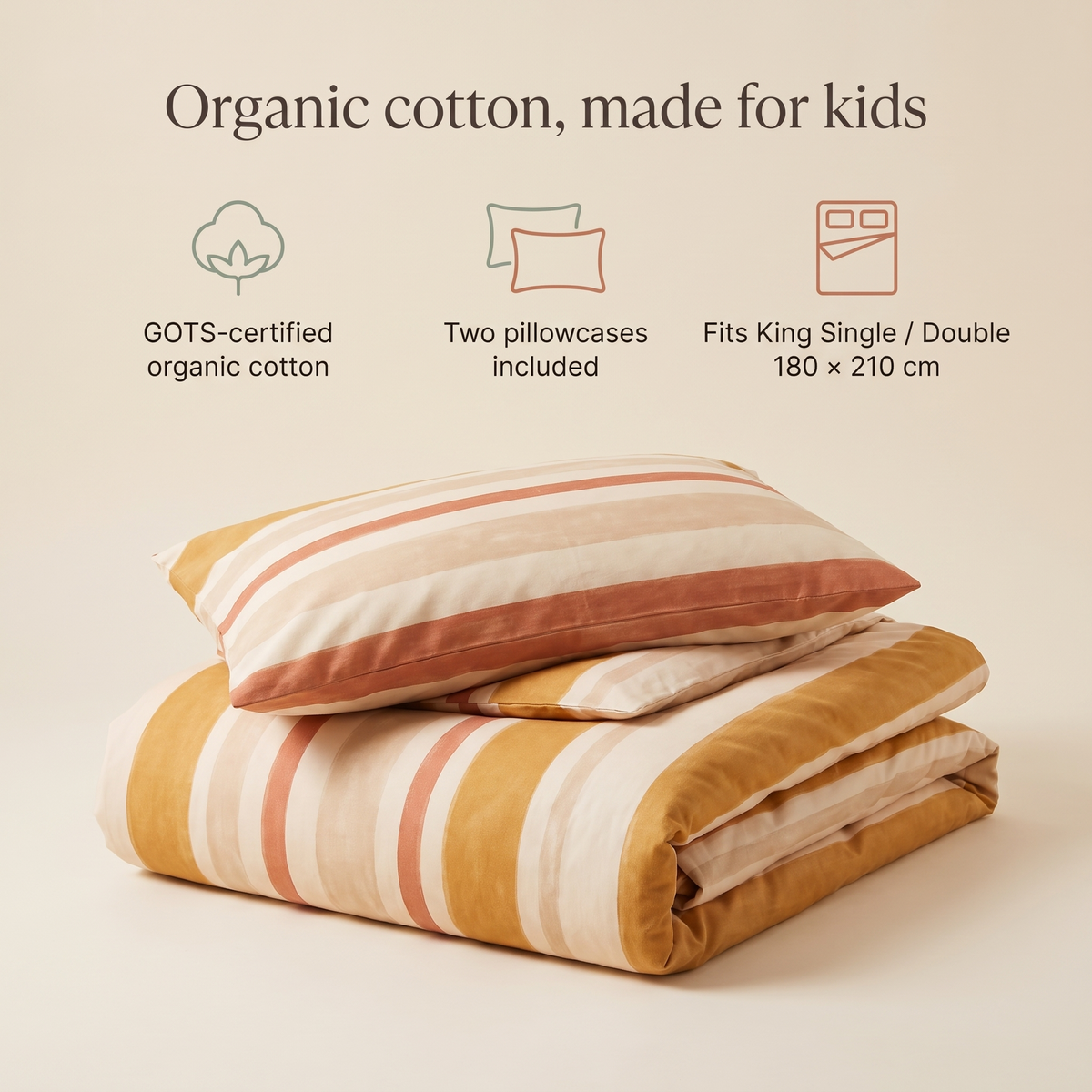 Striped Cotton Kids Quilt Cover, King Single/Double – Sun-Soaked Stripe, 180 x 210 cm