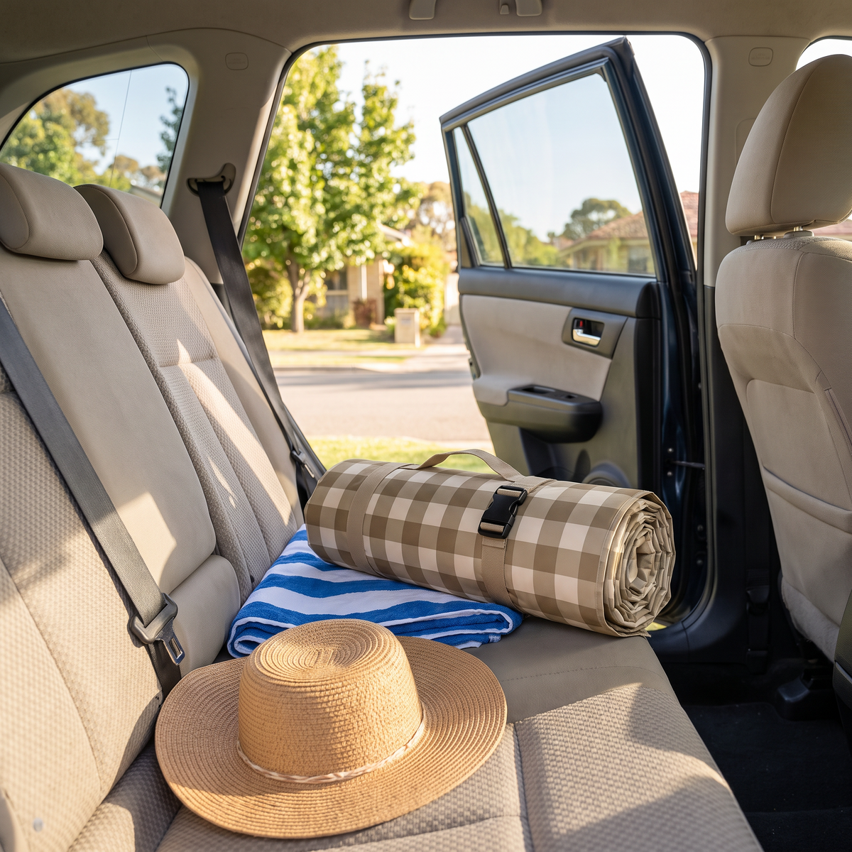 Roll-Up Picnic Rug with Foam Lining and Carry Strap, Olive Check