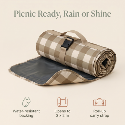 Roll-Up Picnic Rug with Foam Lining and Carry Strap, Olive Check