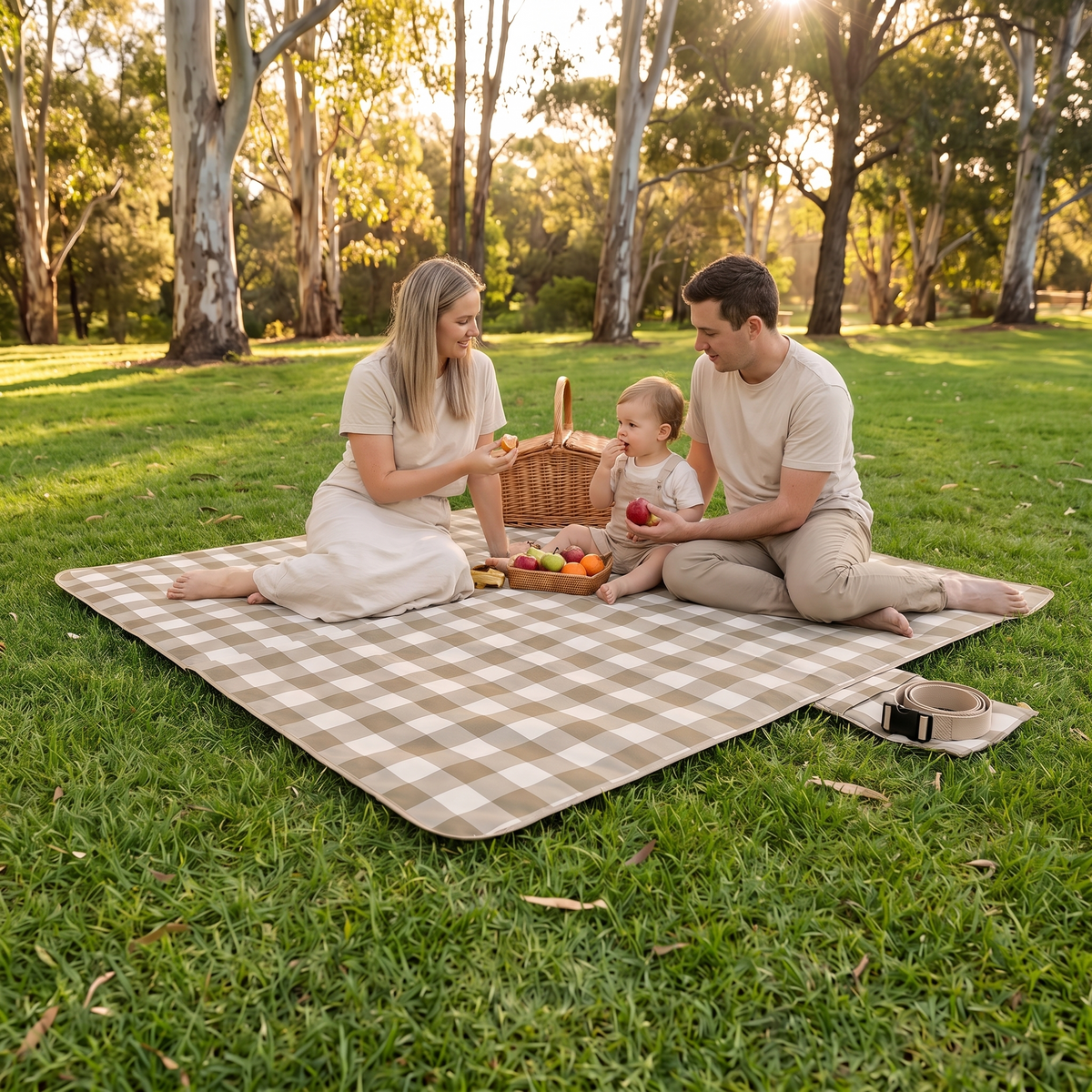Roll-Up Picnic Rug with Foam Lining and Carry Strap, Olive Check