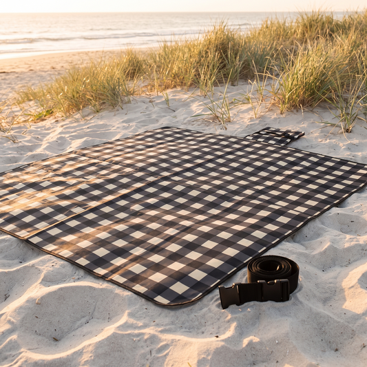 Roll-Up Picnic Rug with Foam Lining and Peg Loops, Black Check