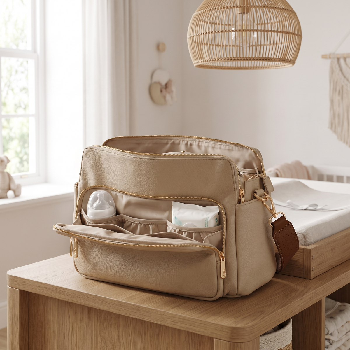 Convertible Faux Leather Pram Caddy with Shoulder Strap, Oat