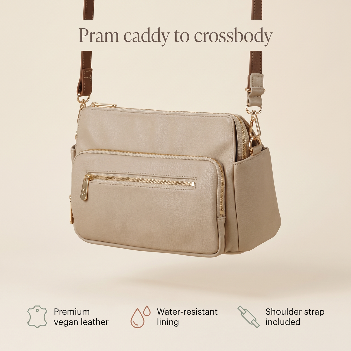 Convertible Faux Leather Pram Caddy with Shoulder Strap, Oat