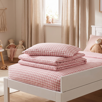 Kids Gingham Cotton Quilt Cover for Single Beds, Candy Pink