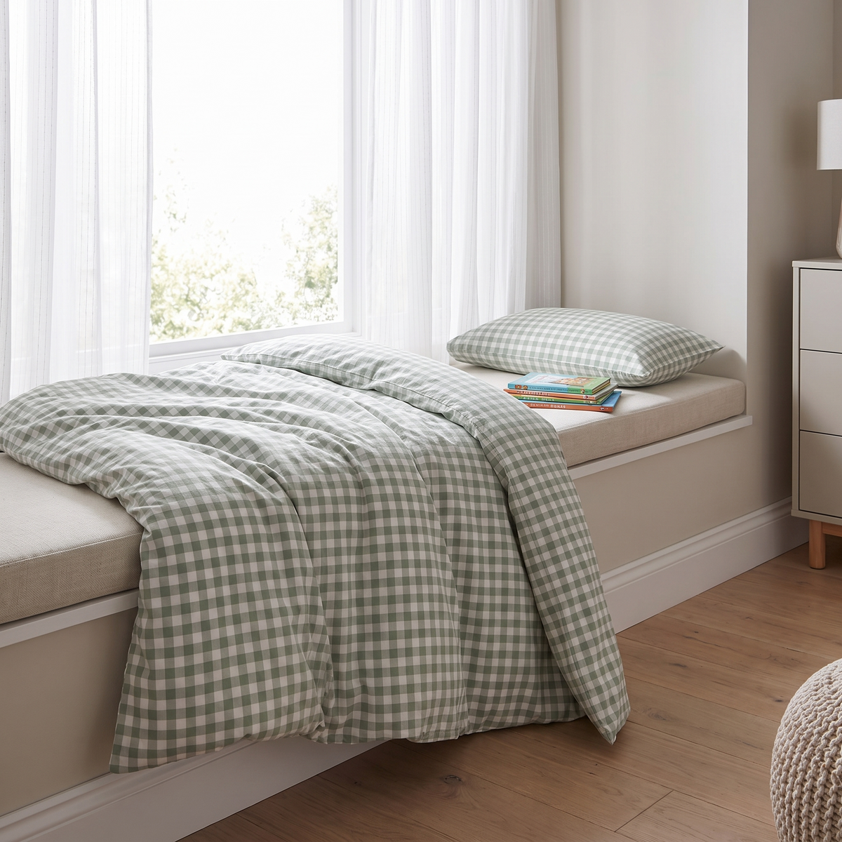 Kids Gingham Cotton Quilt Cover for Single Beds, Sage