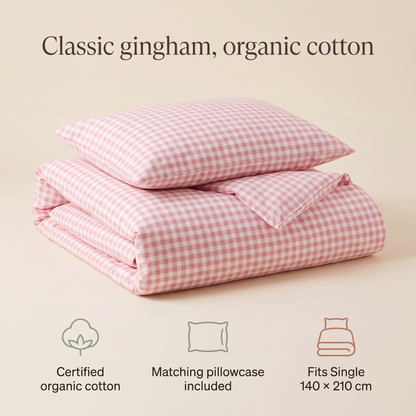 Kids Gingham Cotton Quilt Cover for Single Beds, Candy Pink