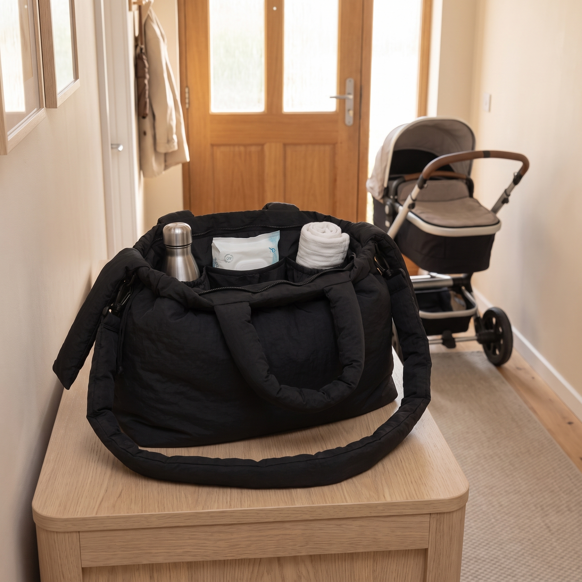 Nylon Pram Caddy and Small Baby Bag, Black