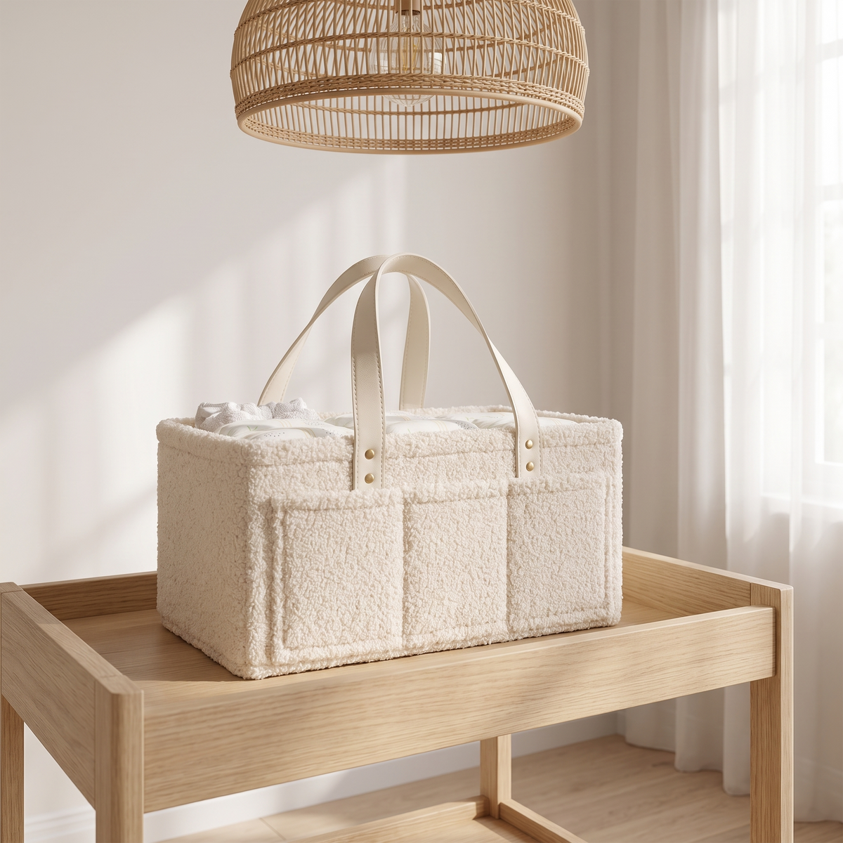 Teddy Boucle Nappy Caddy with Faux Leather Handles, Oat