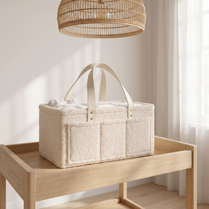 Teddy Boucle Nappy Caddy with Faux Leather Handles, Oat