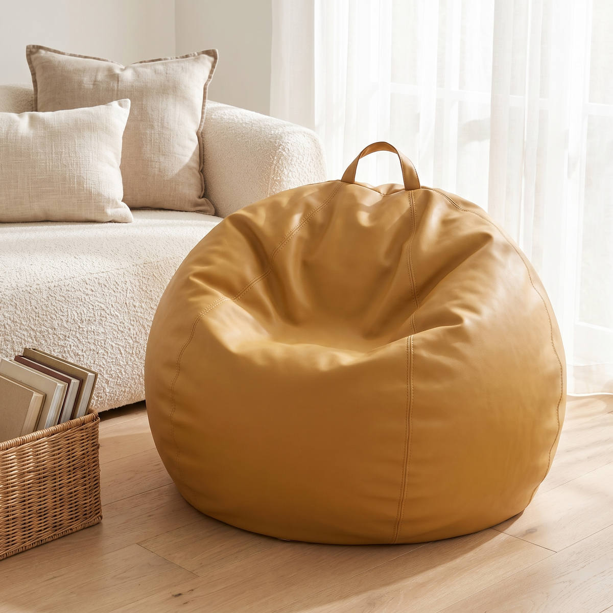Round Kids Bean Bag Cover with Lay-Flat or Sit-Up Shape, Mustard