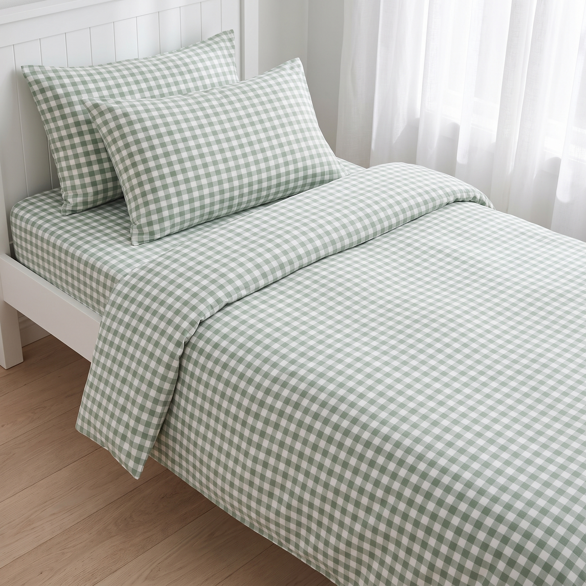 Gingham Cotton Quilt Cover, King Single/Double – Sage, 180 x 210 cm