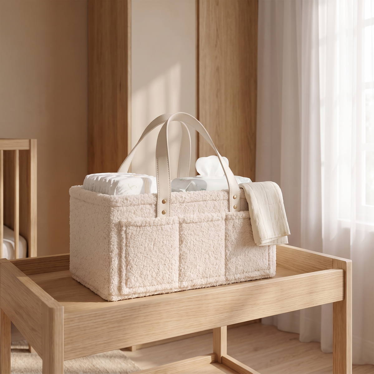 Teddy Boucle Nappy Caddy with Faux Leather Handles, Oat