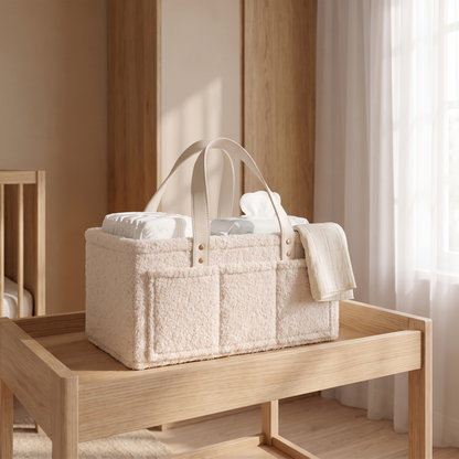 Teddy Boucle Nappy Caddy with Faux Leather Handles, Oat
