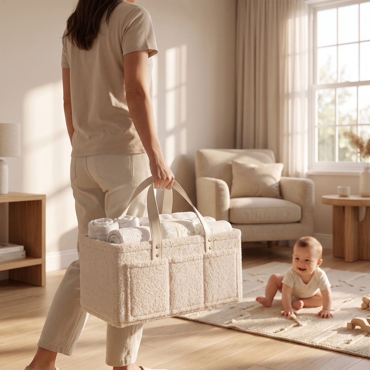 Teddy Boucle Nappy Caddy with Faux Leather Handles, Oat