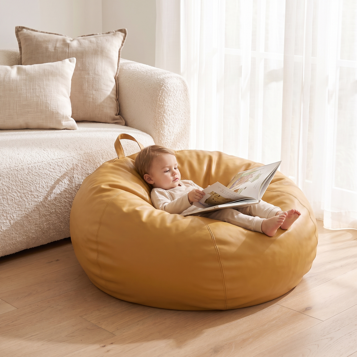 Round Kids Bean Bag Cover with Lay-Flat or Sit-Up Shape, Mustard