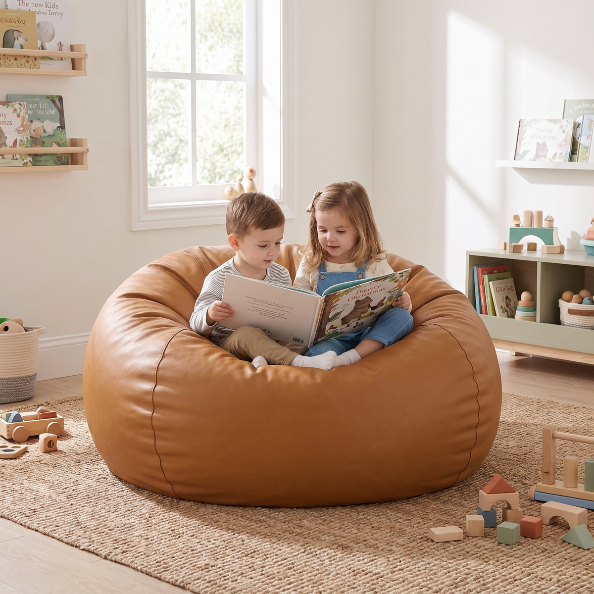 Round Kids Bean Bag Cover with Lay-Flat or Sit-Up Shape, Tan