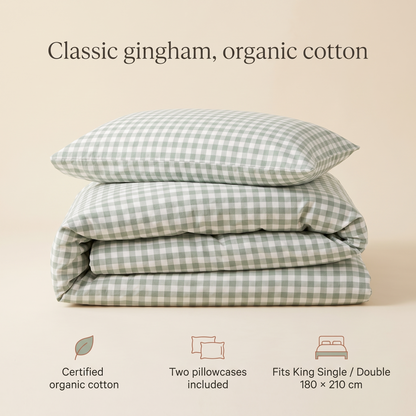 Gingham Cotton Quilt Cover, King Single/Double – Sage, 180 x 210 cm