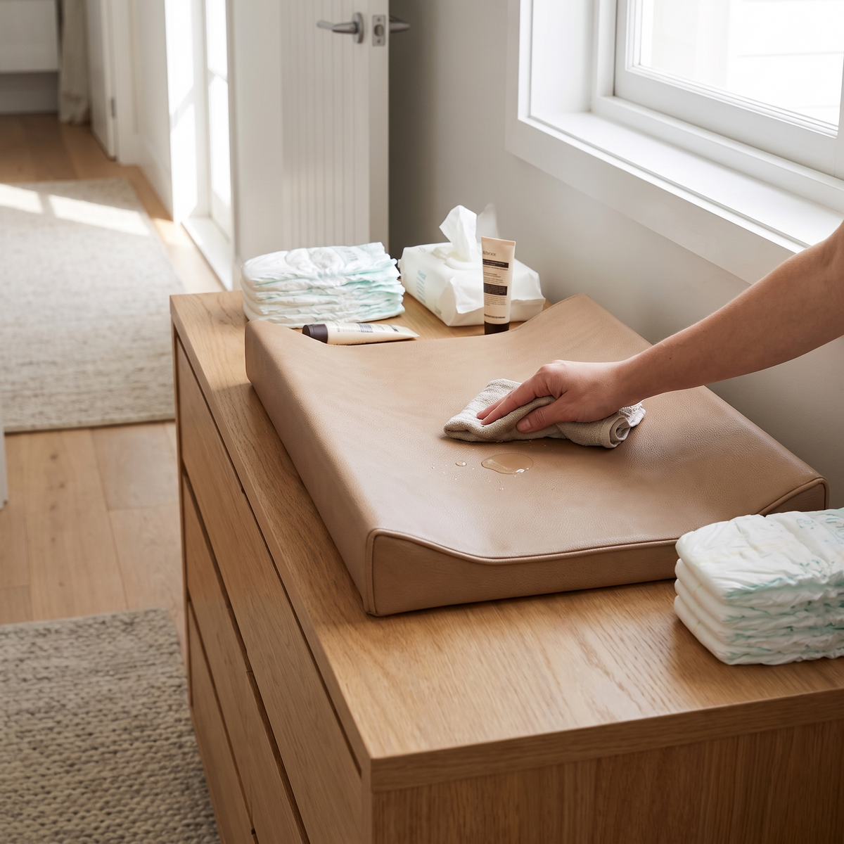 Faux Leather Baby Changing Pad with Raised Sides – Tan, 48 x 70 cm