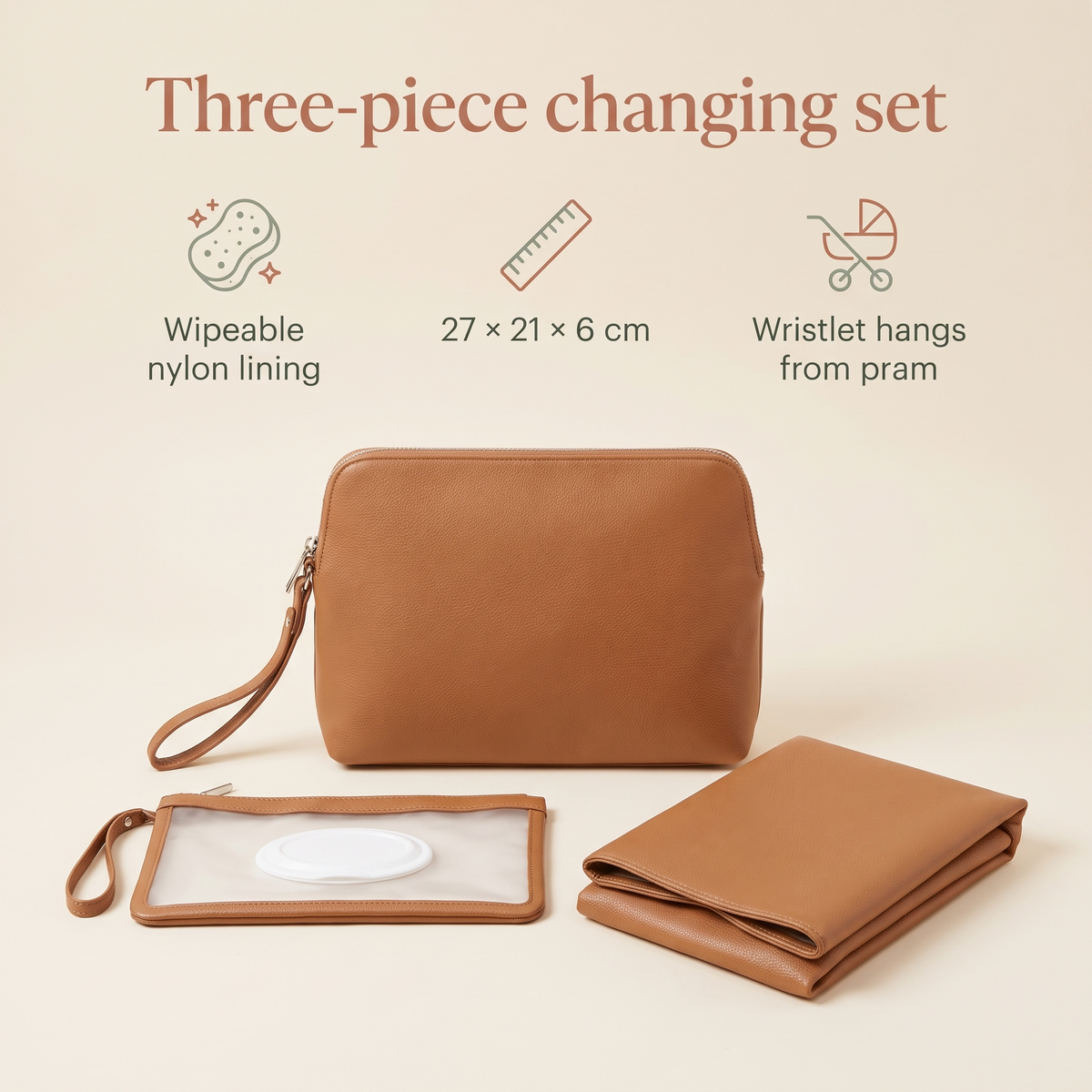 3-Piece Changing Set with Fold-Out Clutch Mat, Wipes Case and Pouch – Tan