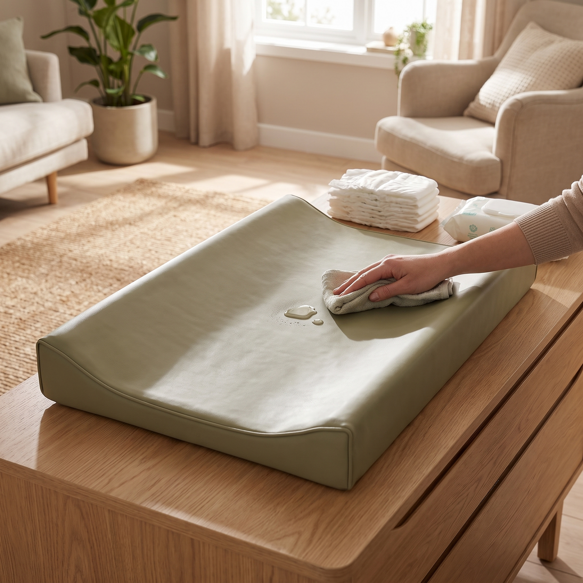 Faux Leather Baby Changing Pad with Raised Sides – Sage, 48 x 70 cm