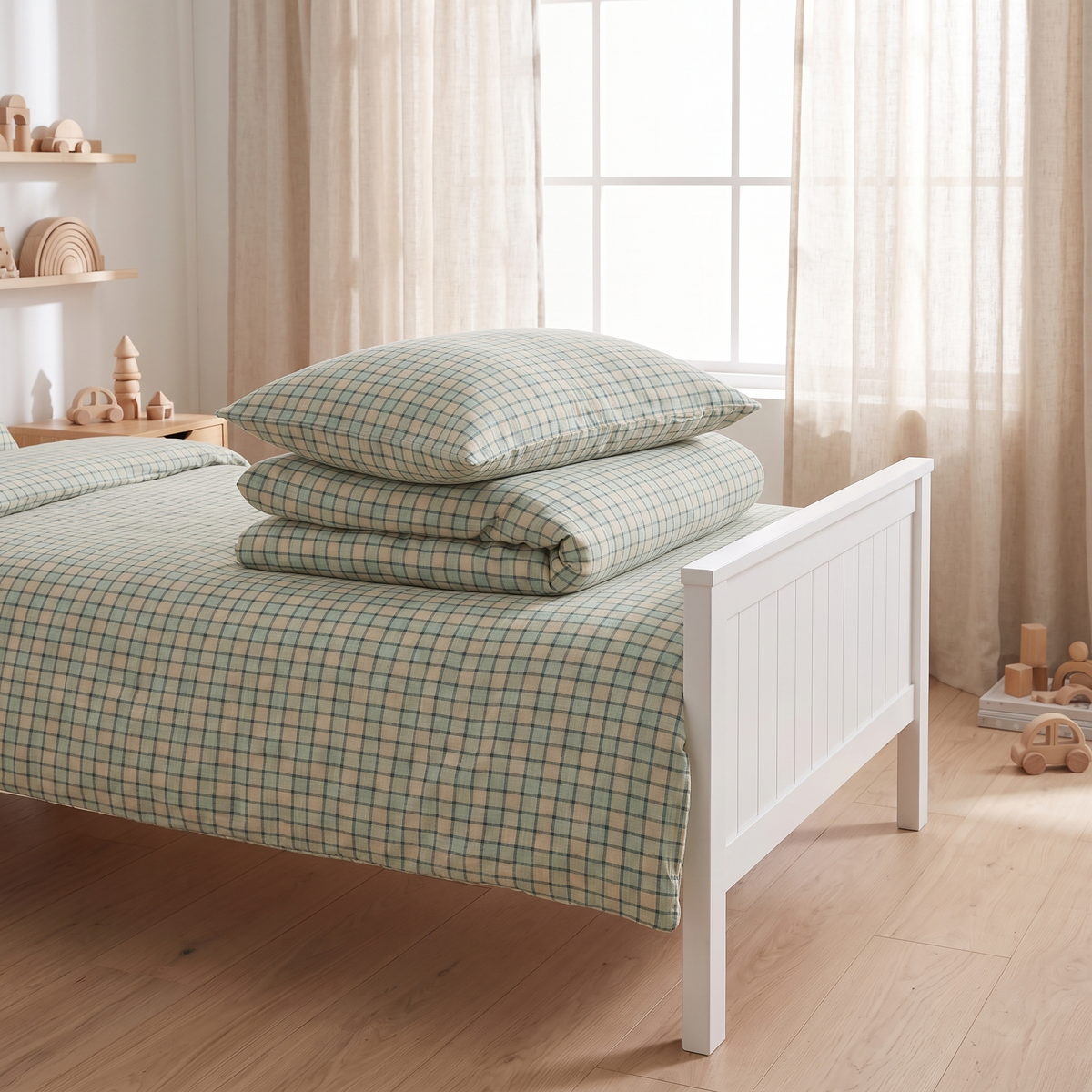 Linen Kids Quilt Cover with Corner Ties, Single – Sage, 140 x 210 cm