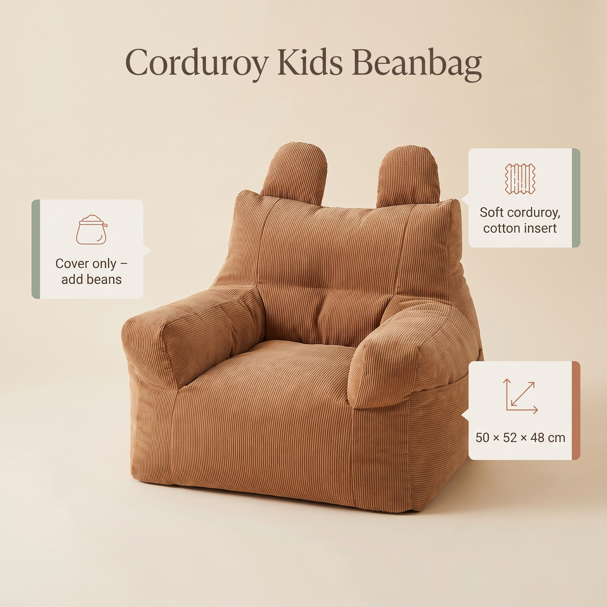 Corduroy Kids Bean Bag Chair Cover with Cotton Insert, Brown