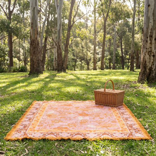 Woven Cotton Picnic Rug with Fringed Edges, Terracotta Stripe – 205 x 160 cm
