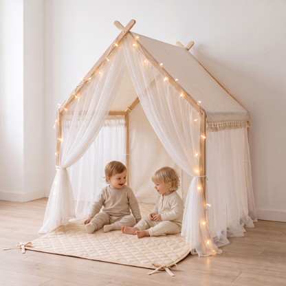 Fairytale Play Tent Set with Quilted Mat and USB Fairy Lights, Ivory