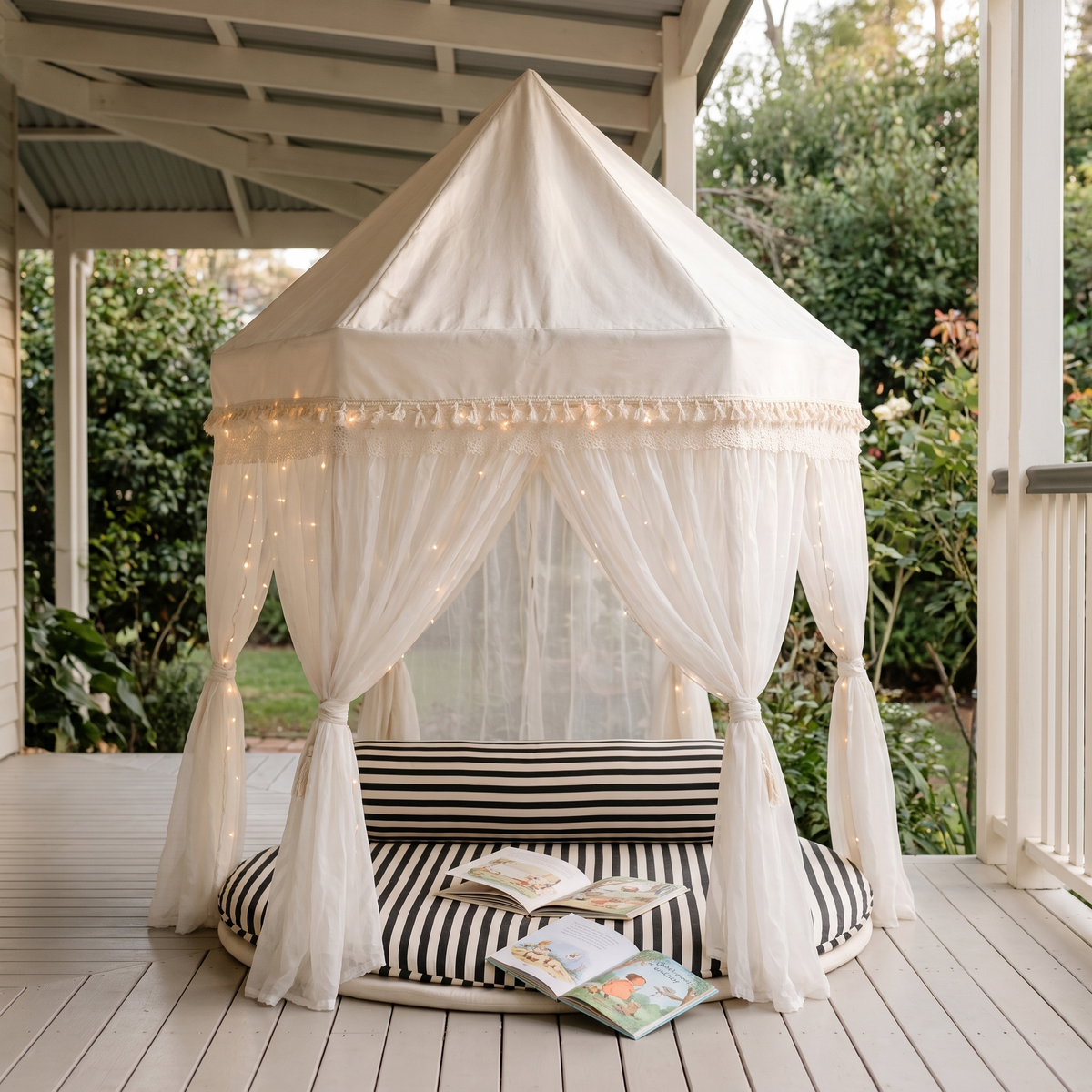 Fairytale Tent Reading Corner Set with Support Pillow and USB Fairy Lights, Ivory
