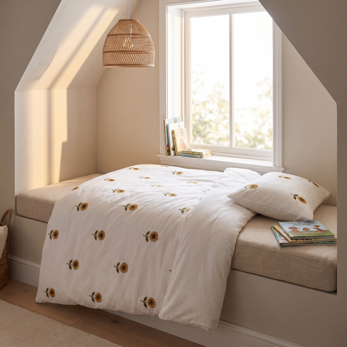 Embroidered Cotton Kids Quilt Cover with Sunflowers, Single, 140 x 210 cm