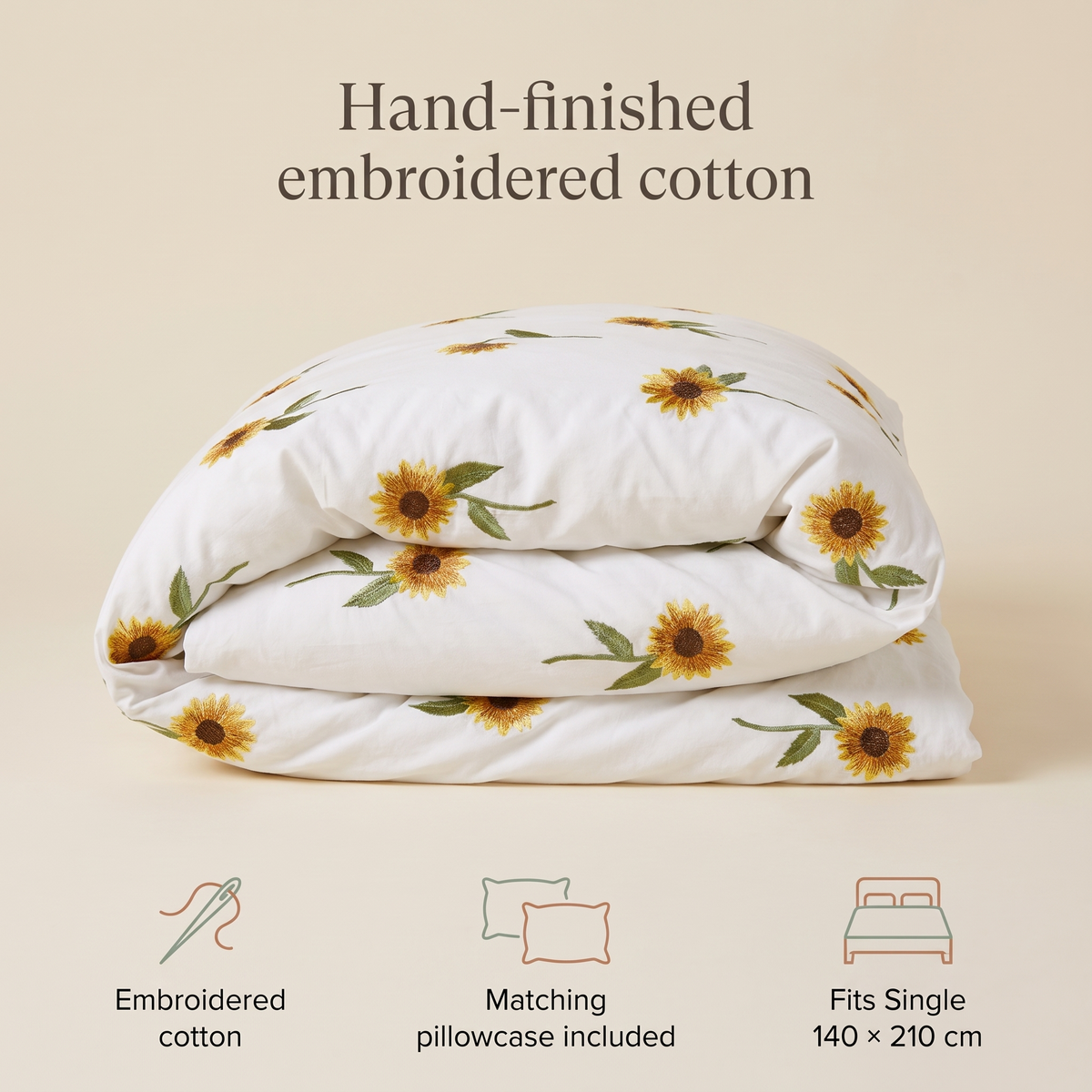 Embroidered Cotton Kids Quilt Cover with Sunflowers, Single, 140 x 210 cm