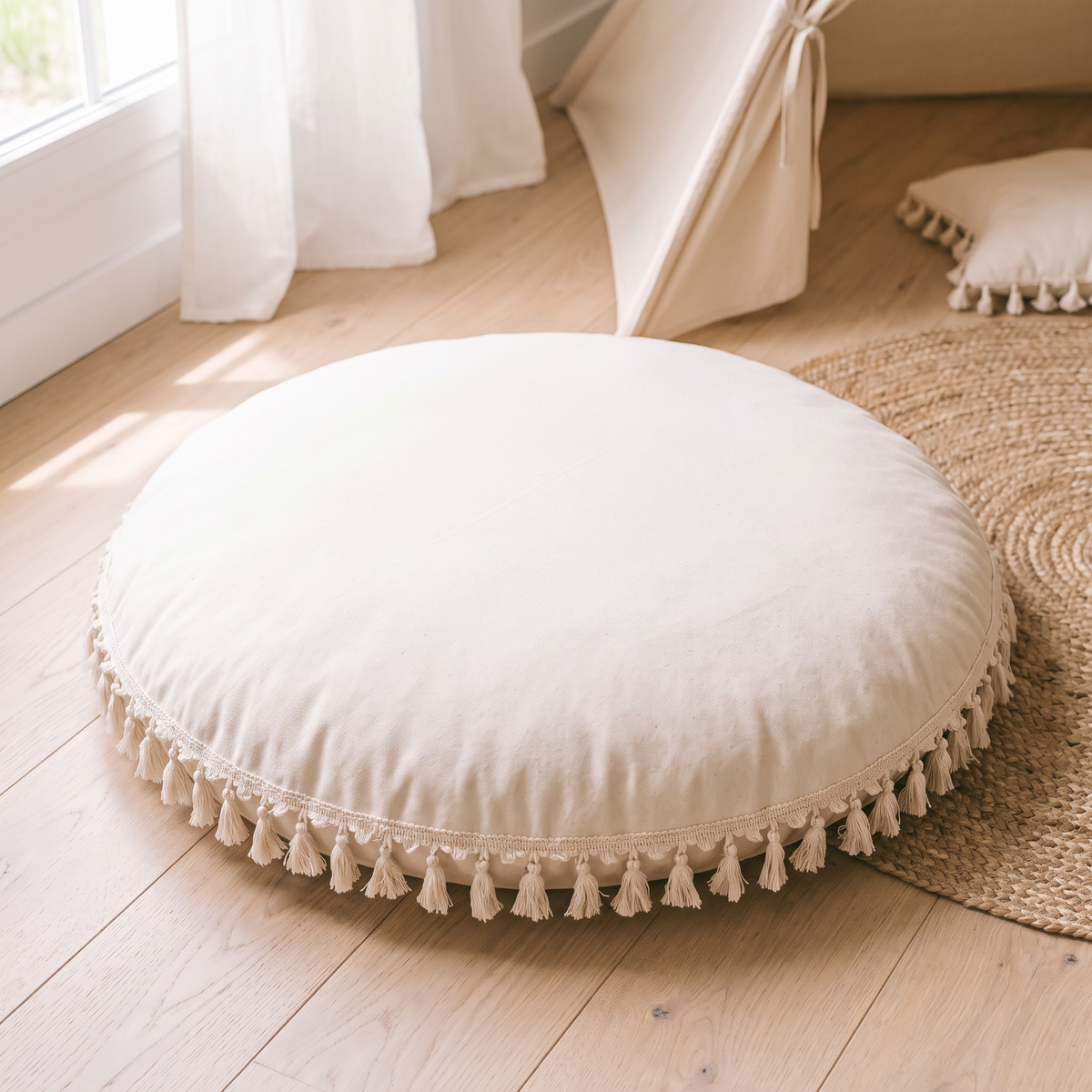 Large Round Floor Cushion Cover with Corner Tassels – Cotton, 90 cm, Ecru