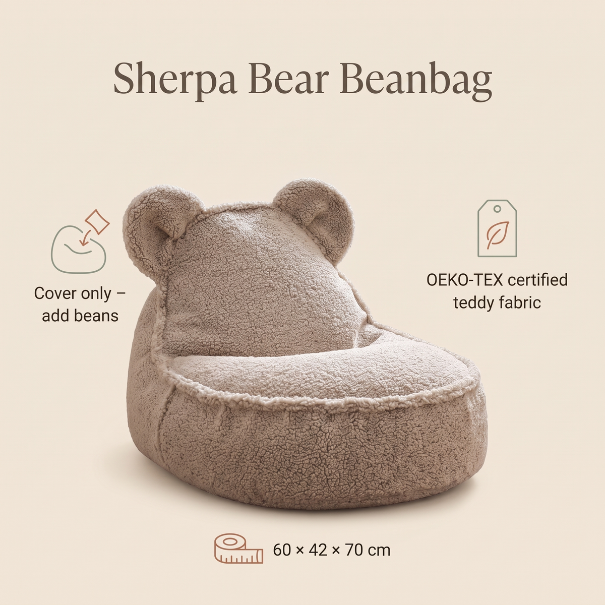 Bear Ear Kids Bean Bag Chair Cover with Inner Liner, Biscuit