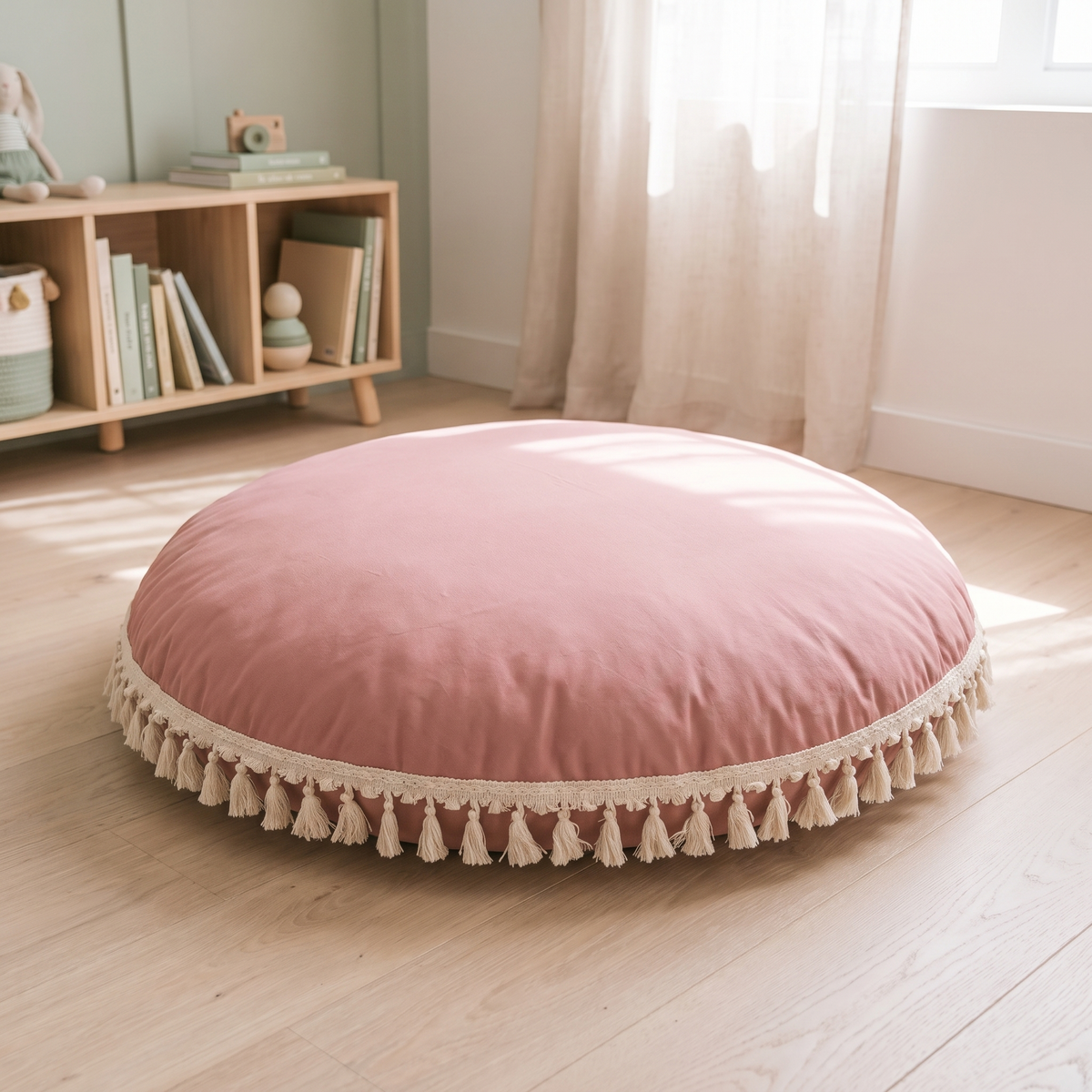 Large Round Floor Cushion Cover with Corner Tassels – Cotton, 90 cm, Rose