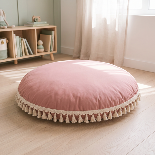 Large Round Floor Cushion Cover with Corner Tassels – Cotton, 90 cm, Rose