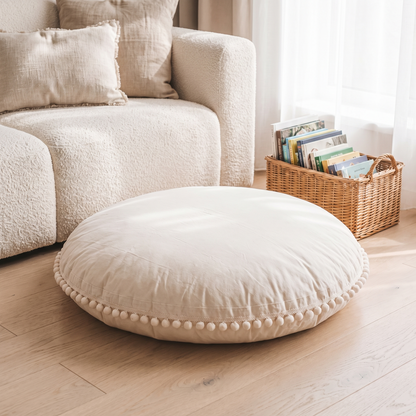 Large Round Floor Cushion Cover with Pom-Pom Trim – Cotton, 90 cm, Ecru