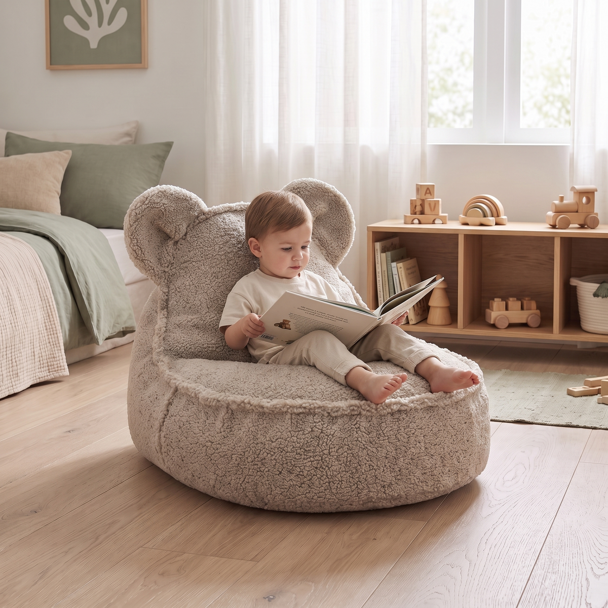 Bear Ear Kids Bean Bag Chair Cover with Inner Liner, Biscuit