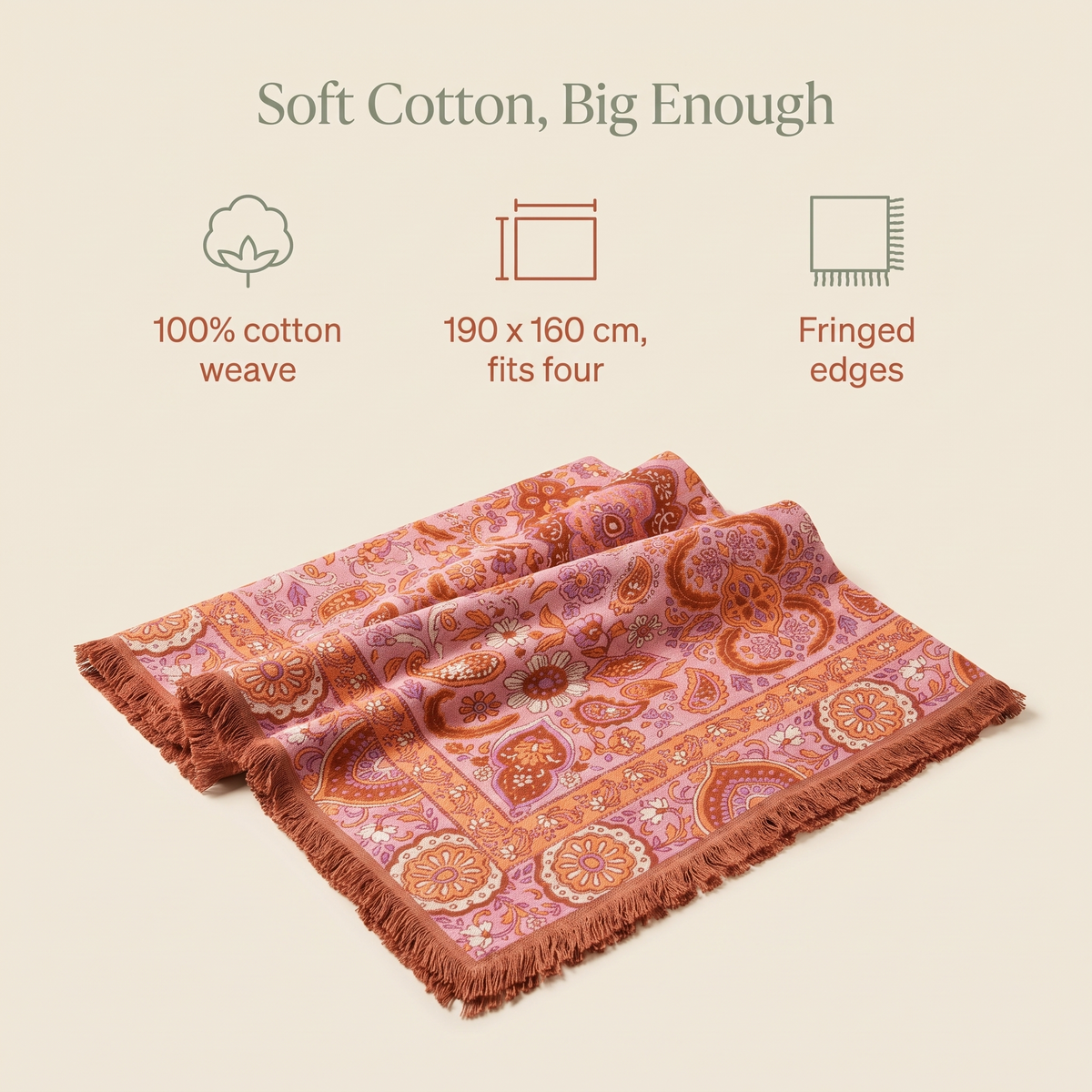 Woven Cotton Picnic Rug with Fringed Edges, Sage Stripe – 190 x 160 cm