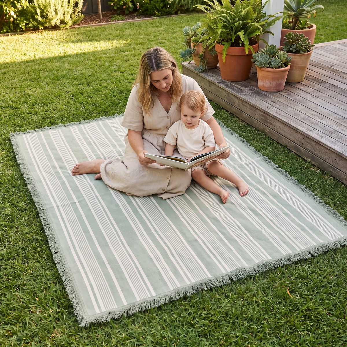 Woven Cotton Picnic Rug with Fringed Edges, Sage Stripe – 190 x 160 cm