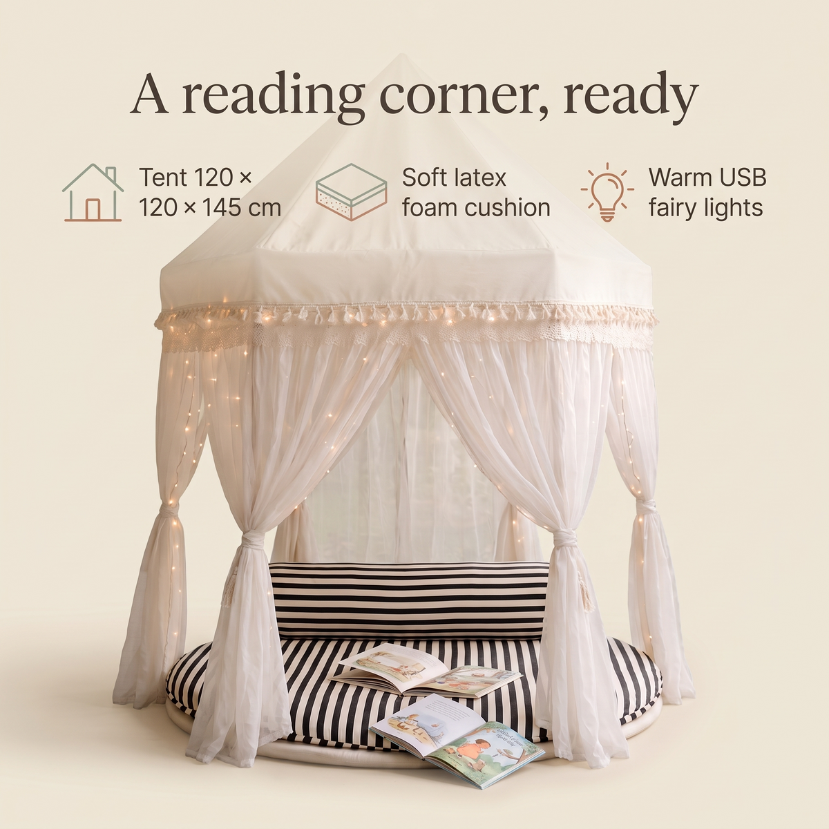 Fairytale Tent Reading Corner Set with Support Pillow and USB Fairy Lights, Ivory
