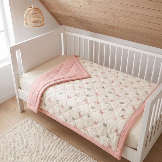 Reversible Quilted Jersey Cotton Cot Comforter, Butterfly Print – 100 x 120 cm
