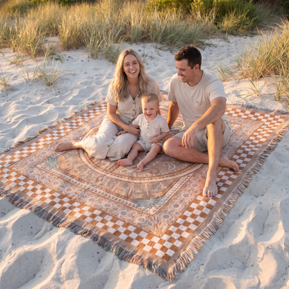 Woven Cotton Picnic Rug with Fringed Edges, Black and Natural Stripe – 160 x 200 cm