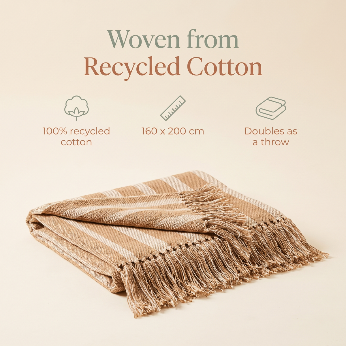 Woven Cotton Picnic Rug with Fringed Edges, Black and Natural Stripe – 160 x 200 cm