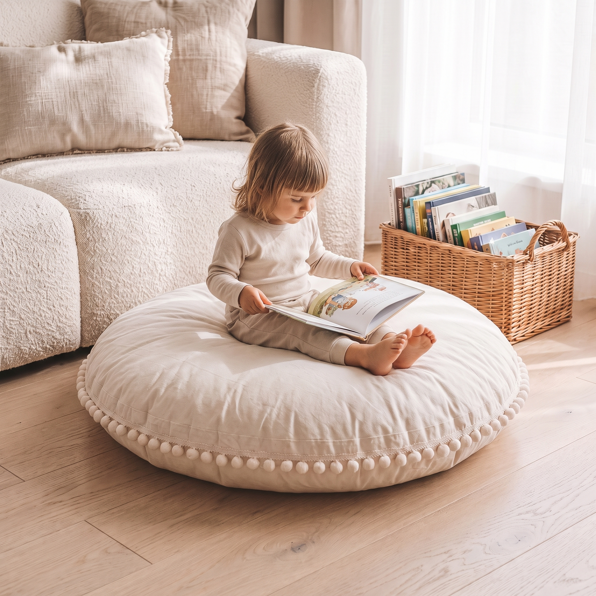 Large Round Floor Cushion Cover with Pom-Pom Trim – Cotton, 90 cm, Ecru