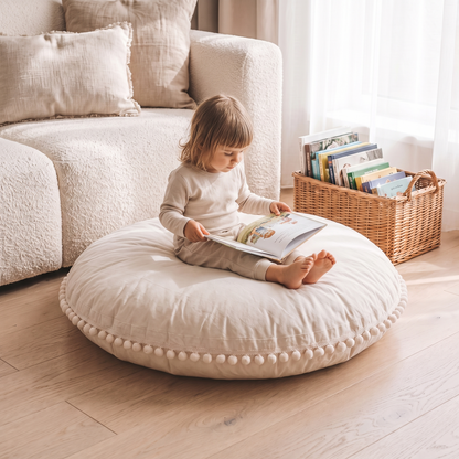 Large Round Floor Cushion Cover with Pom-Pom Trim – Cotton, 90 cm, Ecru