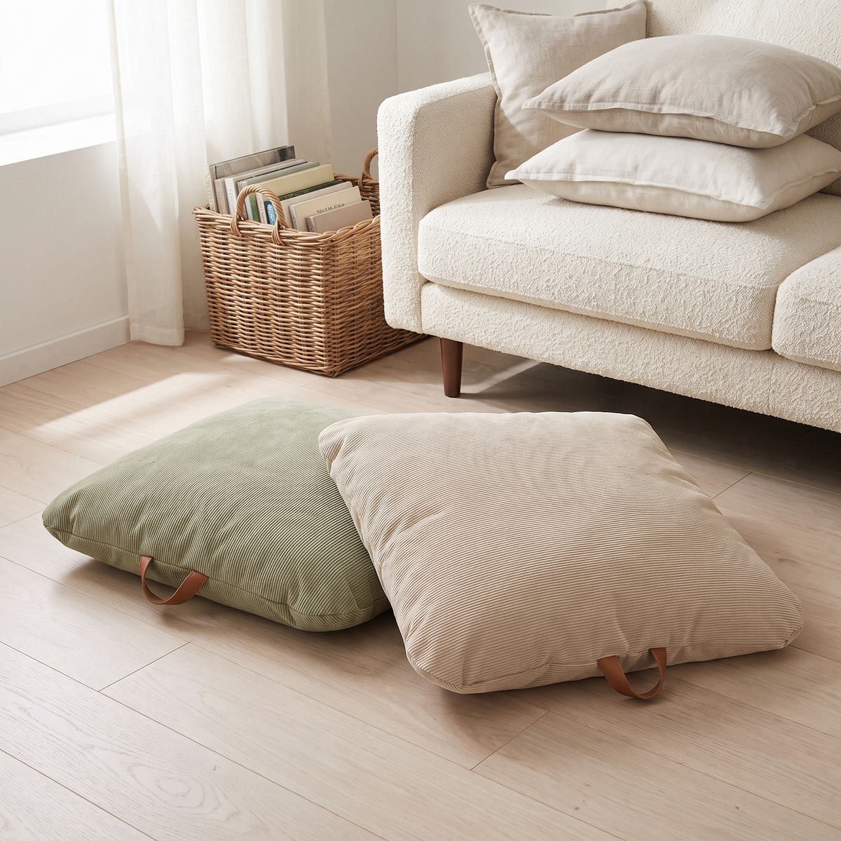 Corduroy Floor Cushions with Carry Handles, Sage and Oat – Set of 2, 80 x 80 cm