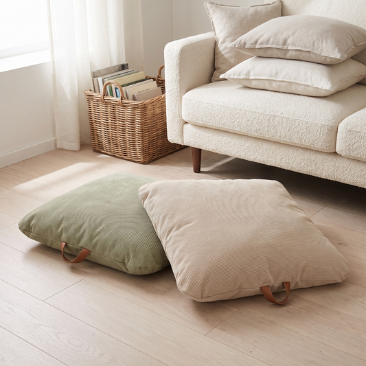 Corduroy Floor Cushions with Carry Handles, Sage and Oat – Set of 2, 80 x 80 cm